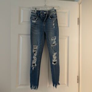 Blue Skinny Distressed Jeans with Whiskering